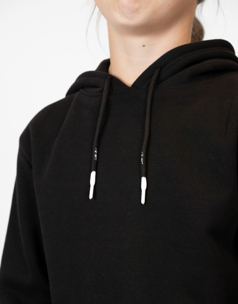 Girl wearing Youth Black Fleece Hoodie showing white tips and "LUKE 18:1" text on drawstring