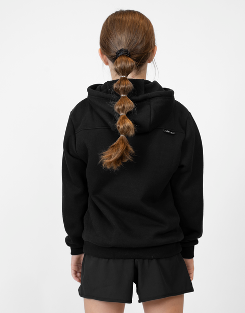 Rear view of Girl wearing Youth Black Fleece Hoodie showing "LUKE 18:1" text on upper right back