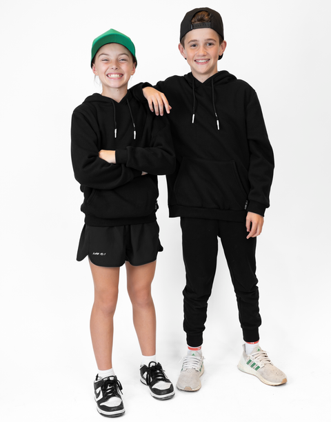 boy and girl wearing Youth Black Fleece Hoodie