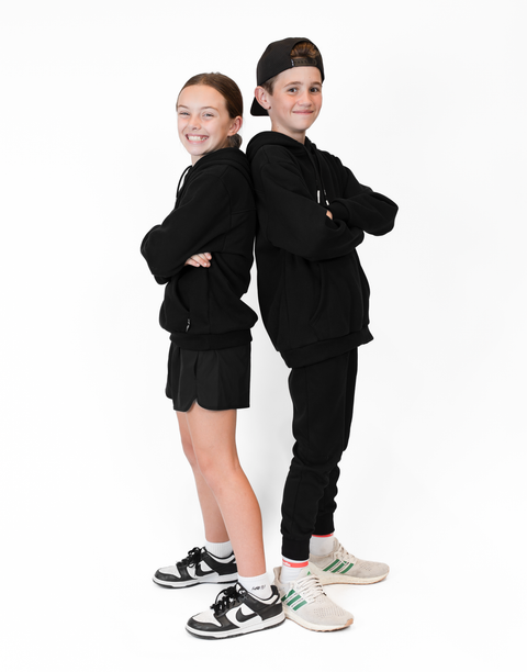 boy and girl wearing Youth Black Fleece Hoodie