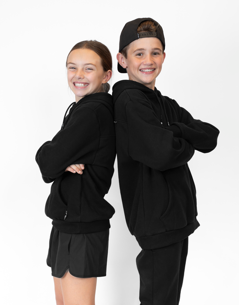 boy and girl wearing Youth Black Fleece Hoodie