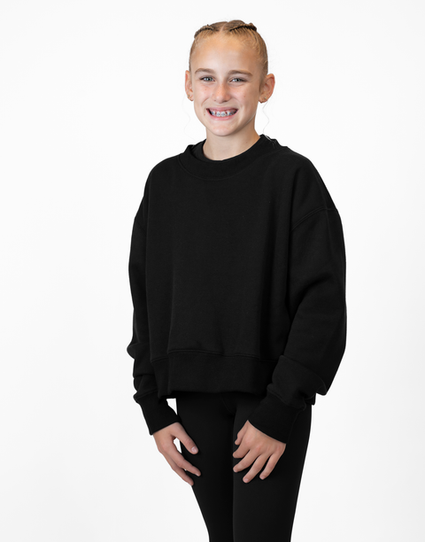 Girl wearing Ladies Black Relaxed Fleece Crew
