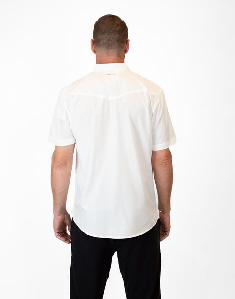 Rear view of Man wearing Men's White S/S Pearl Snap Shirt