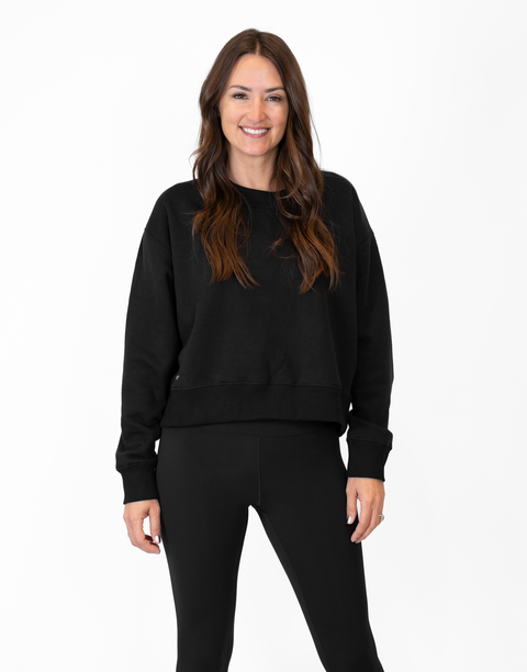 Woman wearing Ladies Black Relaxed Fleece Crew