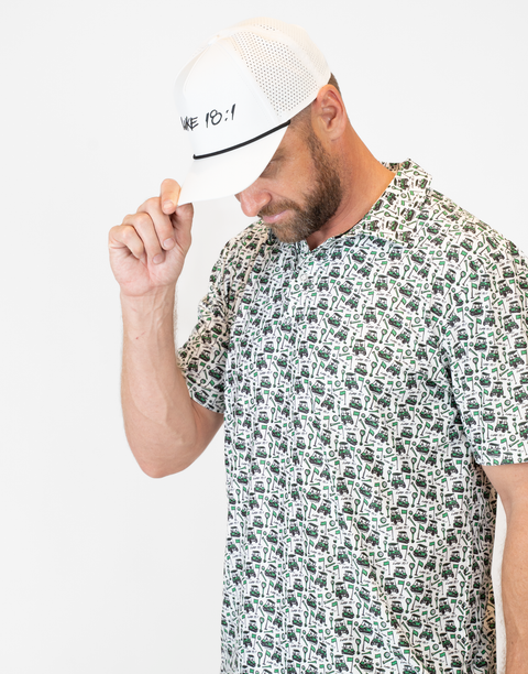 Person wearing white hat with black "LUKE 18:1" text