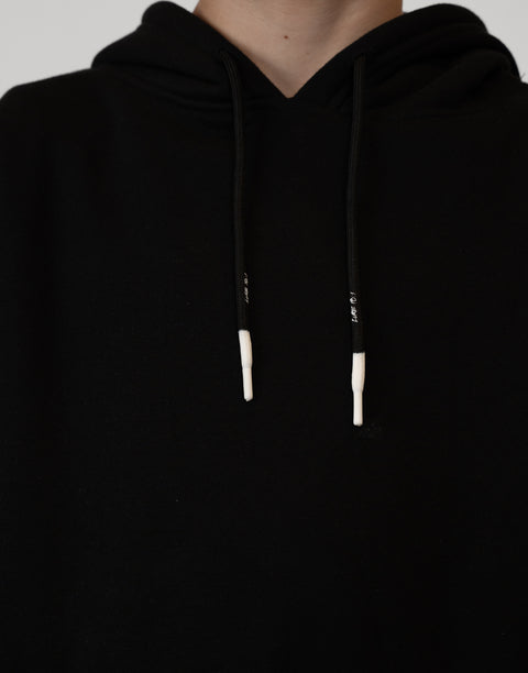 Boy wearing Youth Black Fleece Hoodie showing white tips and "LUKE 18:1" text on drawstring