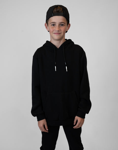Boy wearing Youth Black Fleece Hoodie