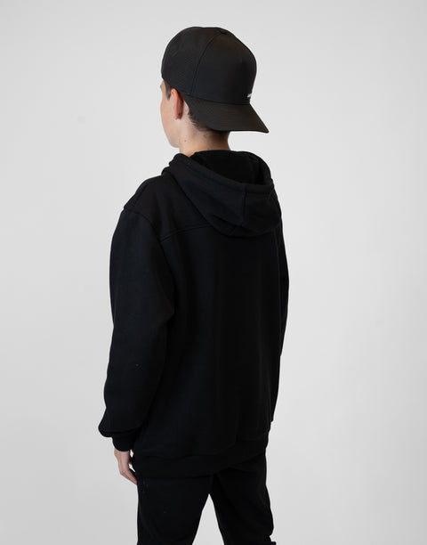 Rear view of boy wearing Youth Black Fleece Hoodie