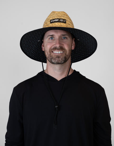 Man wearing straw hat with "LUKE 18:1" text
