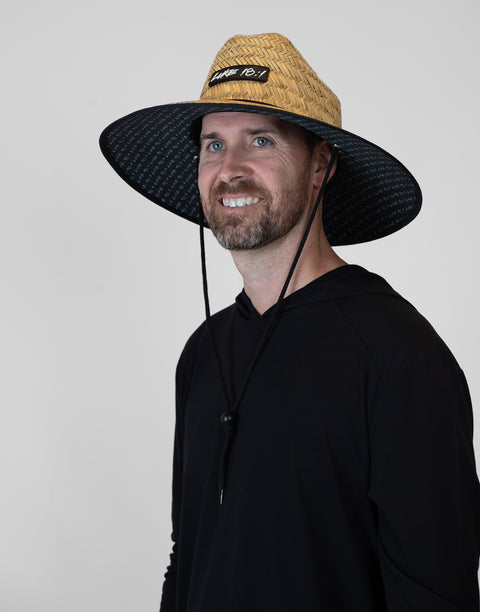 Man wearing straw hat with "LUKE 18:1" text