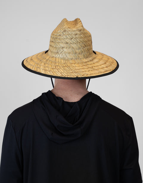 rear view of person wearing straw hat