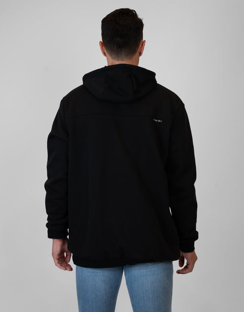 rear view of Man wearing Men's Black Fleece Hoodie showing "LUKE 18:1" text on upper right back