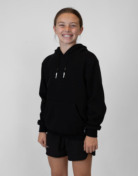 Girl wearing Youth Black Fleece Hoodie