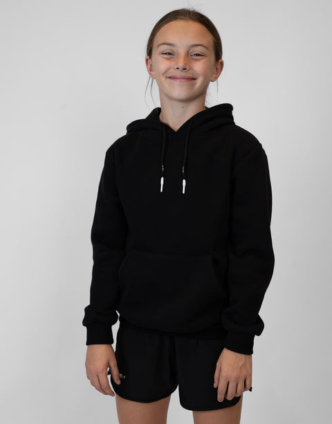 Girl wearing Youth Black Fleece Hoodie