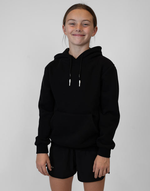 Girl wearing Youth Black Fleece Hoodie