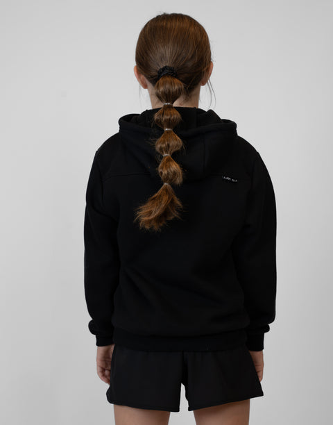 Rear view of Girl wearing Youth Black Fleece Hoodie showing "LUKE 18:1" text on upper right back
