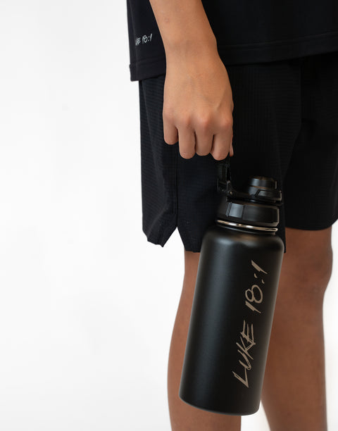 Person holding a black water bottle with 'Luke 18:1' text on a white background