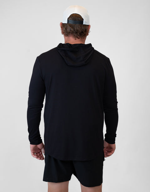 Rear view of man wearing Men's Black Bamboo Performance Hoodie
