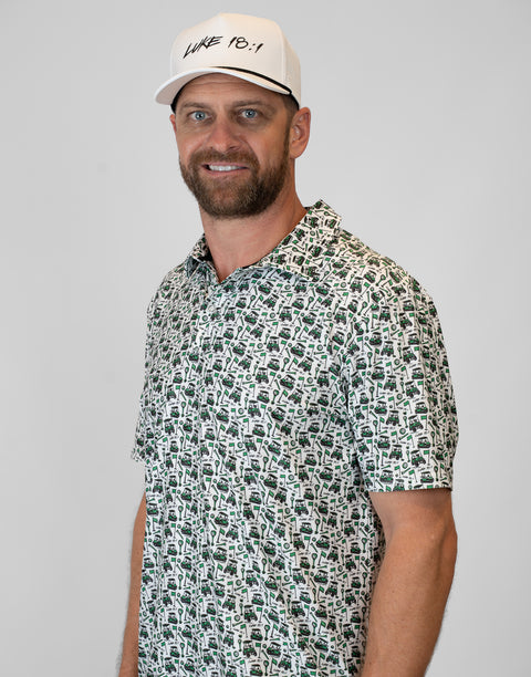 Person wearing white hat with black "LUKE 18:1" text