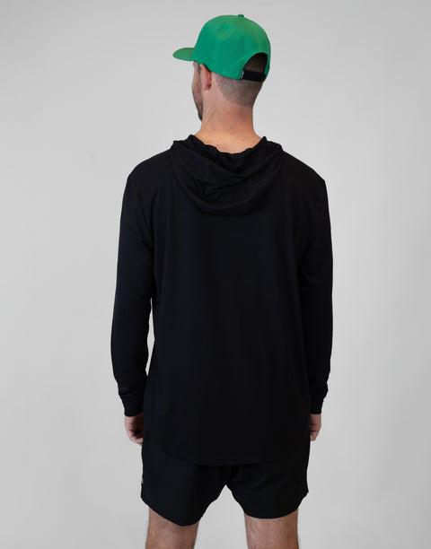 Rear view of Man wearing Men's Black Bamboo Performance Hoodie