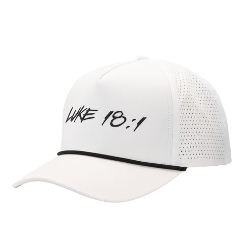 White hat with black "LUKE 18:1" text on front